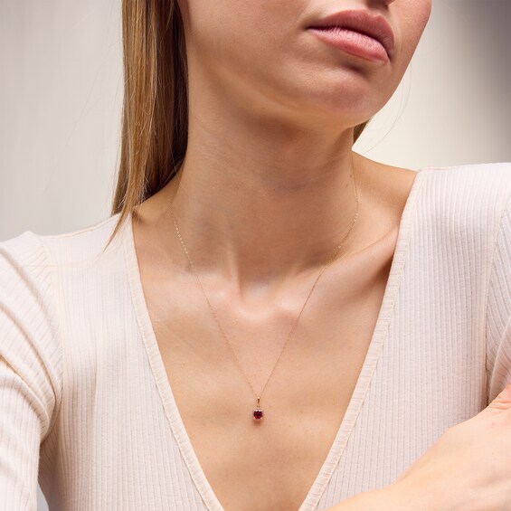10K Gold CZ and Lab-Created Ruby Birthstone Pendant - 18"