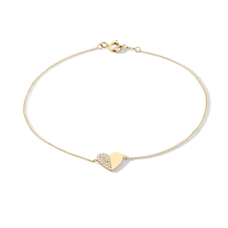10K Gold CZ Pavé and Polished Heart Bracelet - 7.5"