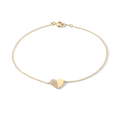 10K Gold CZ Pavé and Polished Heart Bracelet - 7.5"
