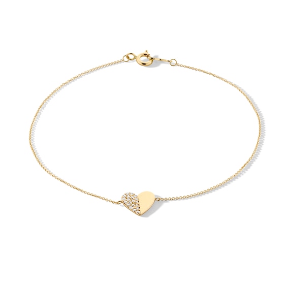 10K Gold CZ Pavé and Polished Heart Bracelet - 7.5"