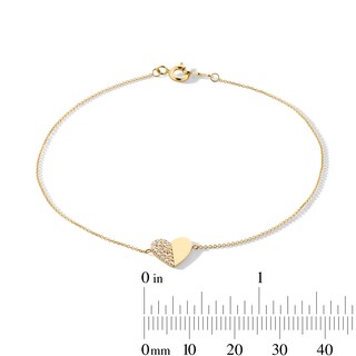 10K Gold CZ Pavé and Polished Heart Bracelet - 7.5"