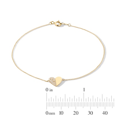 10K Gold CZ Pavé and Polished Heart Bracelet - 7.5"