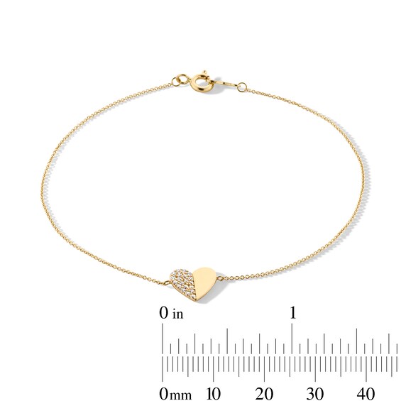 10K Gold CZ Pavé and Polished Heart Bracelet - 7.5"