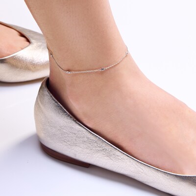 Sterling Silver CZ Cable Chain Anklet - 10"
