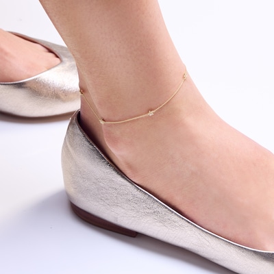 10K Solid Gold CZ Star Cable Chain Anklet - 10"