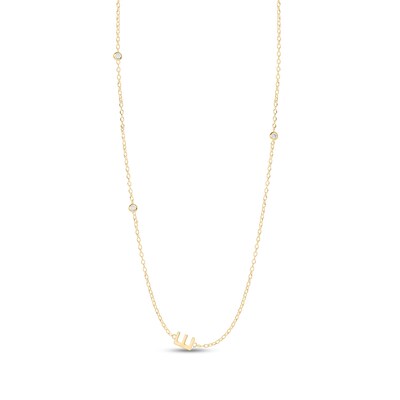 14K Gold Plated CZ Bezel Set Initial Rolo Necklace - 18"