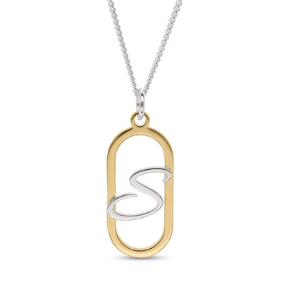 14K Gold Plated Open Oval Frame Initial Rolo Two-Tone Necklace - 18"