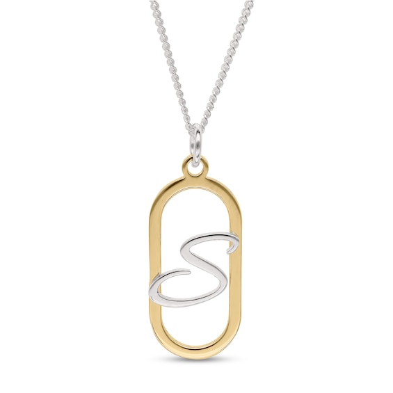 14K Gold Plated Open Oval Frame Initial Rolo Two-Tone Necklace - 18"