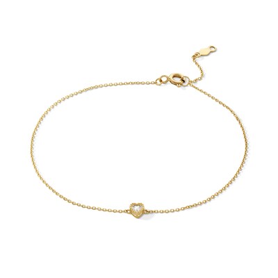 10K Gold CZ Heart Cable Chain Bracelet - 7" + 1"