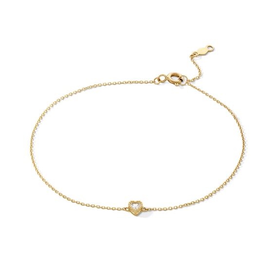 10K Gold CZ Heart Cable Chain Bracelet - 7" + 1"