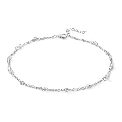 Sterling Silver CZ Double Figaro Chain Anklet - 9" + 1"