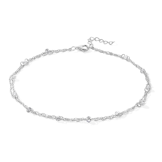 Sterling Silver CZ Double Figaro Chain Anklet - 9" + 1"