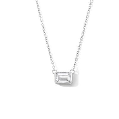 Sterling Silver CZ Bezel Emerald Shape Pendant - 16" + 2"
