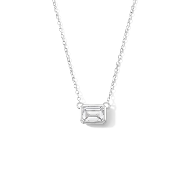Sterling Silver CZ Bezel Emerald Shape Pendant - 16" + 2"