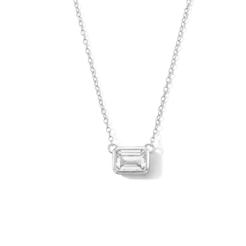 Sterling Silver CZ Bezel Emerald Shape Pendant - 16" + 2"