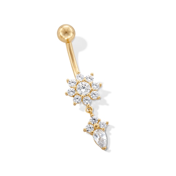 10K Gold CZ Flower Dangle Belly Ring - 14G 9/16"