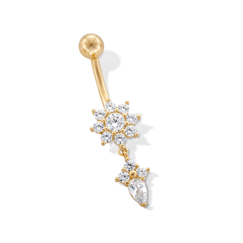 10K Gold CZ Flower Dangle Belly Ring - 14G 9/16"