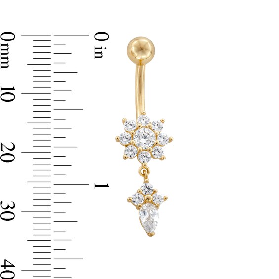 10K Gold CZ Flower Dangle Belly Ring - 14G 9/16"