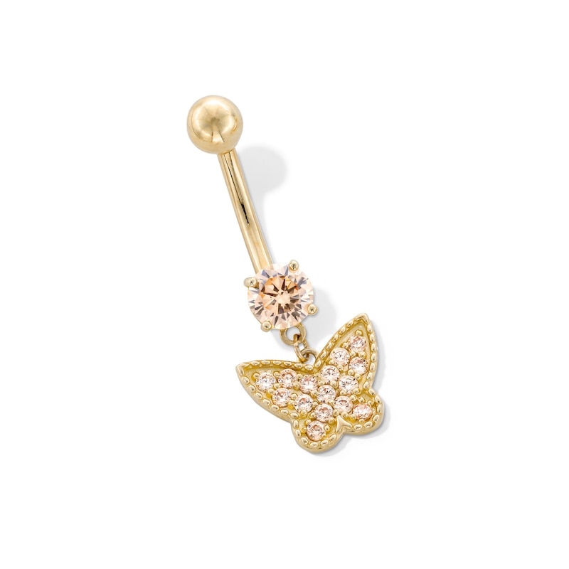 10K Gold Champagne CZ Butterfly Dangle Belly Ring - 14G 9/16"