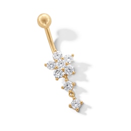 10K Gold CZ Flower and Double Stone Dangle Belly Ring - 14G 9/16"