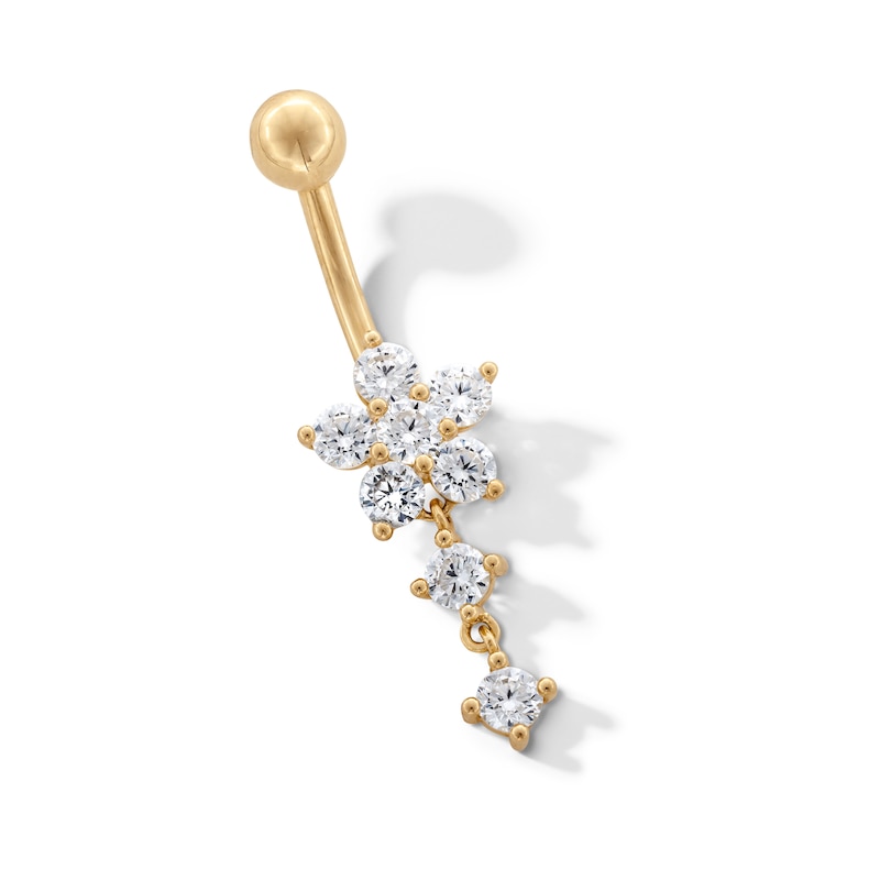 Main Image 1 of 10K Gold CZ Flower and Double Stone Dangle Belly Ring - 14G 9/16"