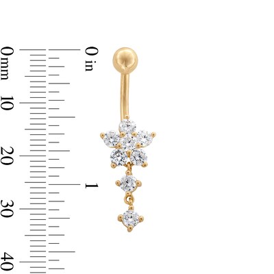10K Gold CZ Flower and Double Stone Dangle Belly Ring - 14G 9/16"