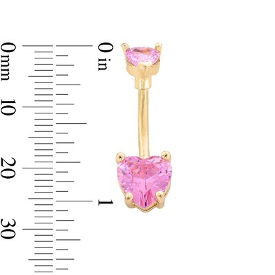 Yellow Ion Plated Pink CZ Double Heart Belly Ring - 14G 1/2"