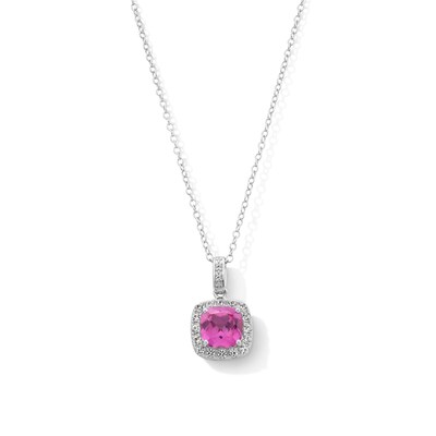 Sterling Silver Created Sapphire Halo Birthstone Pendant - 16" + 2"