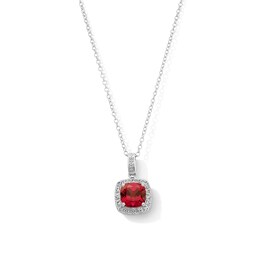 Sterling Silver Created Ruby and Created Sapphire Halo Birthstone Pendant - 16" + 2"