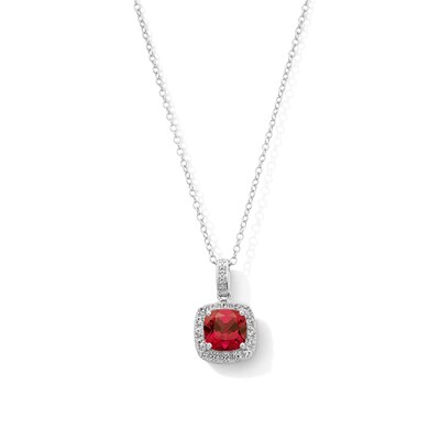 Sterling Silver Created Ruby and Created Sapphire Halo Birthstone Pendant - 16" + 2"
