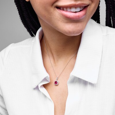Sterling Silver Created Ruby and Created Sapphire Halo Birthstone Pendant - 16" + 2"