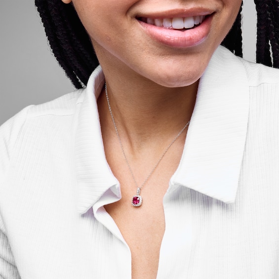 Sterling Silver Created Ruby and Created Sapphire Halo Birthstone Pendant - 16" + 2"