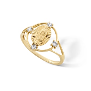10K Gold CZ Our Lady of Guadalupe Medallion Ring - Size 7