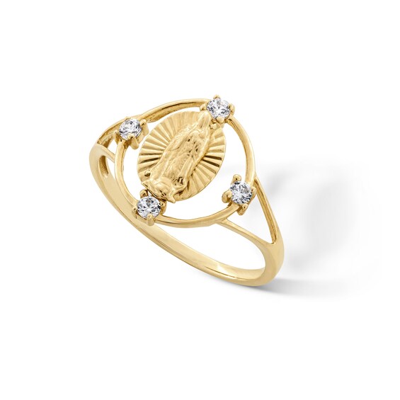 10K Gold CZ Our Lady of Guadalupe Medallion Ring - Size 7