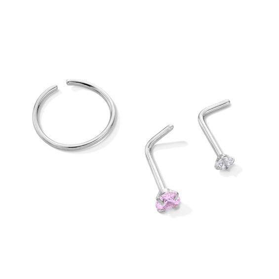 Solid Stainless Steel Pink and White CZ Nose Stud Set - 20G