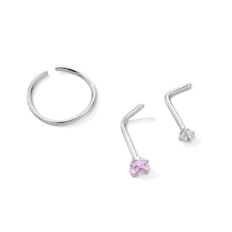 Solid Stainless Steel Pink and White CZ Nose Stud Set - 20G
