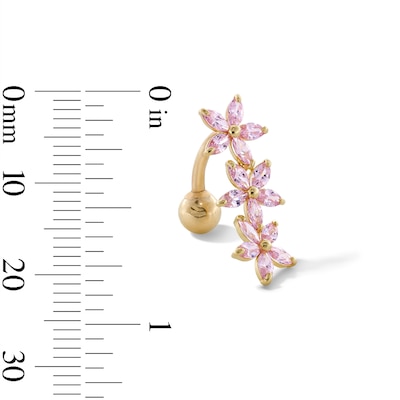 10K Gold CZ Pink Triple Flower Belly Button Ring - 14G 3/8"