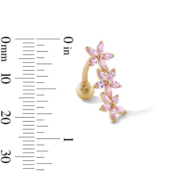 10K Gold CZ Pink Triple Flower Belly Button Ring - 14G 3/8"
