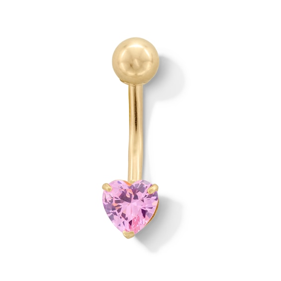 10K Gold Pink CZ Heart Belly Button Ring - 14G 3/8"