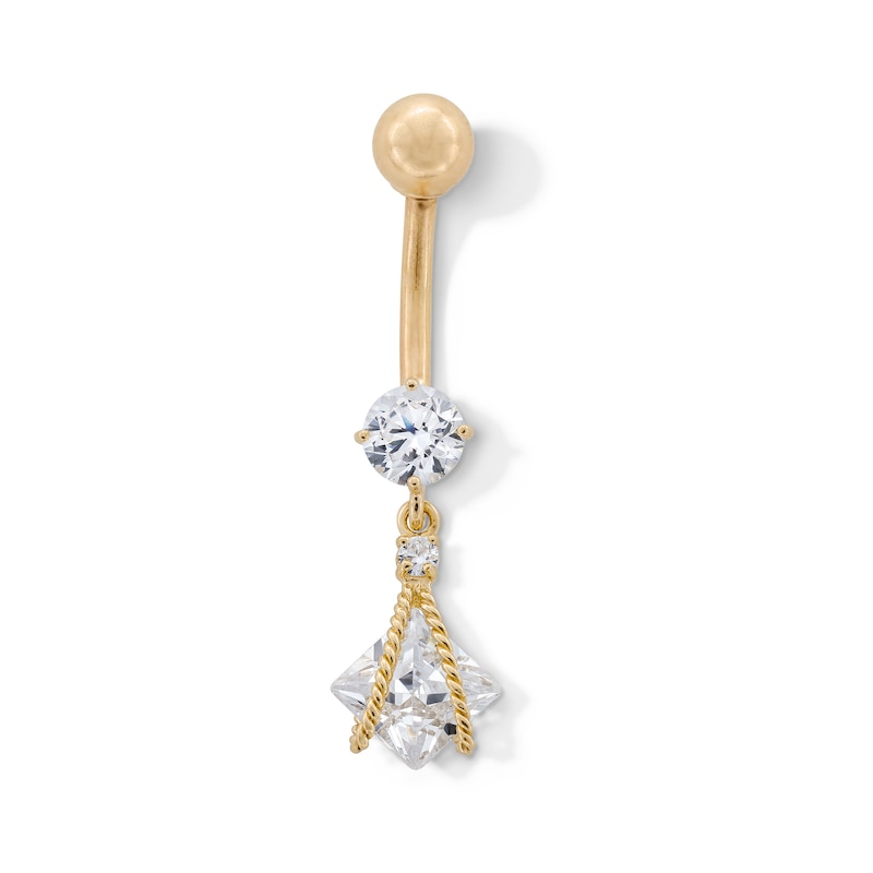 Main Image 1 of 10K Gold CZ Square and Round Rope Dangle Belly Button Ring - 14G