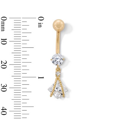 10K Gold CZ Square and Round Rope Dangle Belly Button Ring - 14G