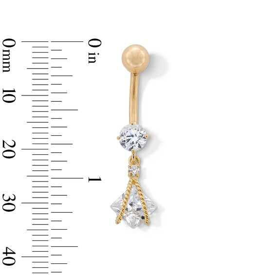 10K Gold CZ Square and Round Rope Dangle Belly Button Ring - 14G