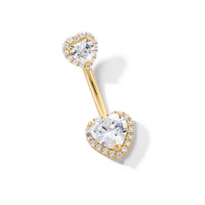 10K Gold CZ Double Heart Halo Belly Ring - 14G 9/16"