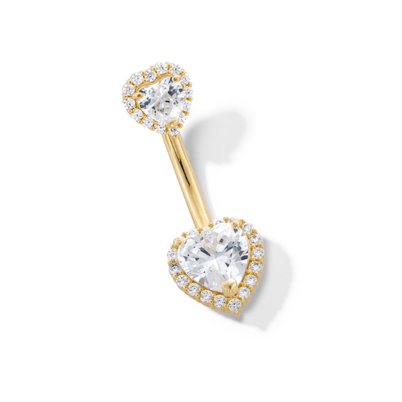 10K Gold CZ Double Heart Halo Belly Ring - 14G 9/16"