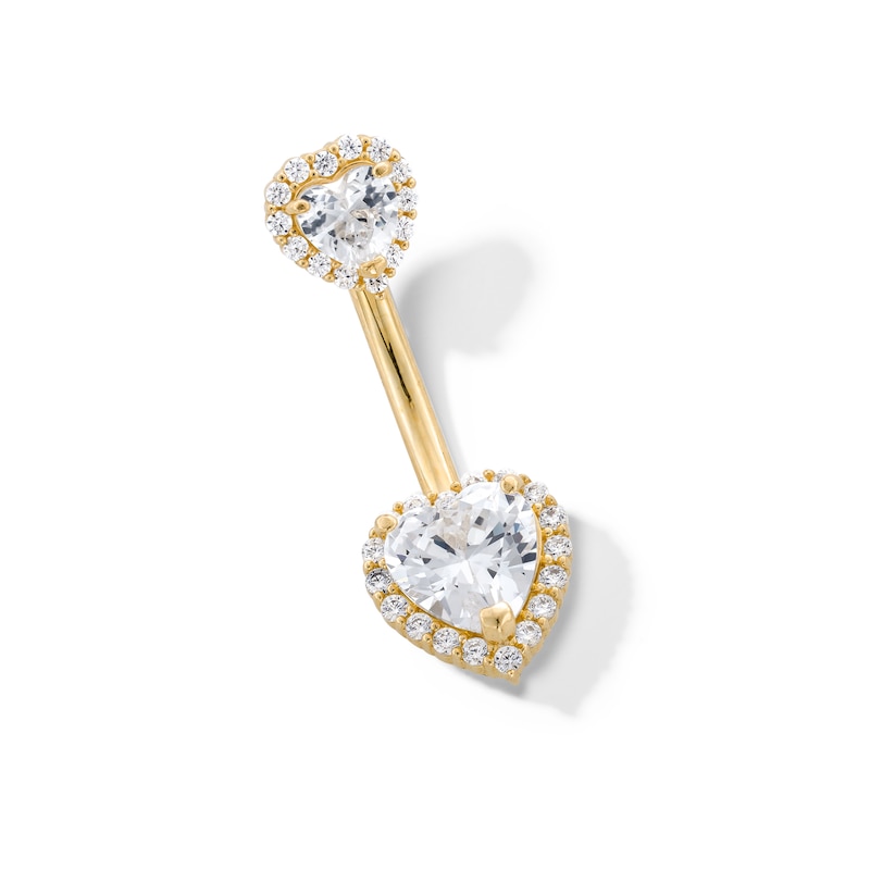 10K Gold CZ Double Heart Halo Belly Ring - 14G 9/16"