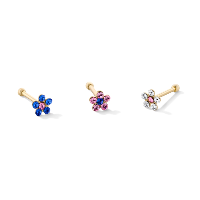 14K Solid Gold Crystal Multi-Color Flower Nose Stud Set - 22G