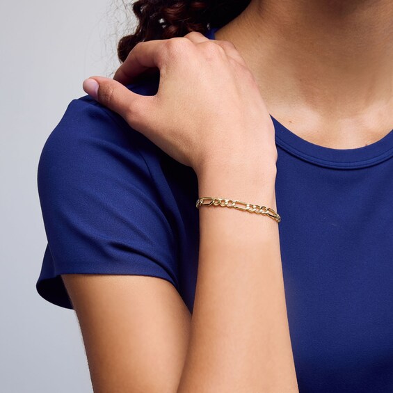 10K Hollow Gold Beveled Figaro Chain Bracelet - 8"