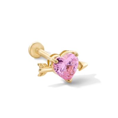 14K Gold Pink CZ Cupid Heart Stud - 18G 5/16"