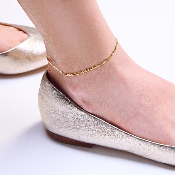 10K Solid Gold Double Bar Mariner Chain Anklet - 10"