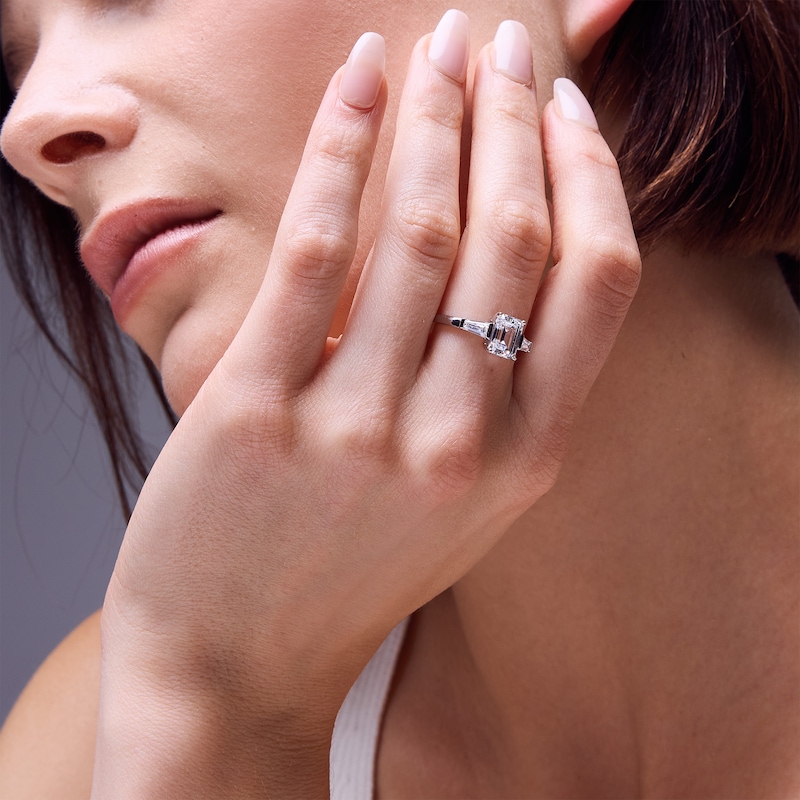 Main Image 2 of Sterling Silver CZ Emerald Cut and Baquette Ring - Size 7